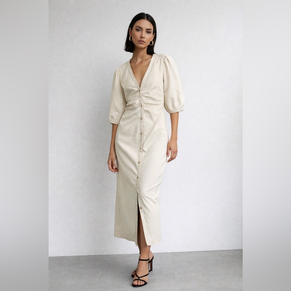 Zara Cream Button-Front Midi Dress with Puff Sleeves